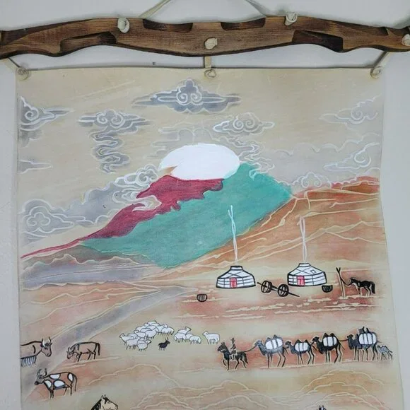 Hand Painted‎ Leather Wall Art Horses Mongolian Landscape Wood Western Carved - Picture 12 of 16